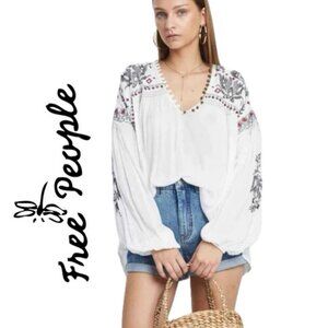 ICONIC BOHO WESTERN FREE PEOPLE EMBROIDERED STUDDED V NECK BLOUSE OFF WHITE SZ M